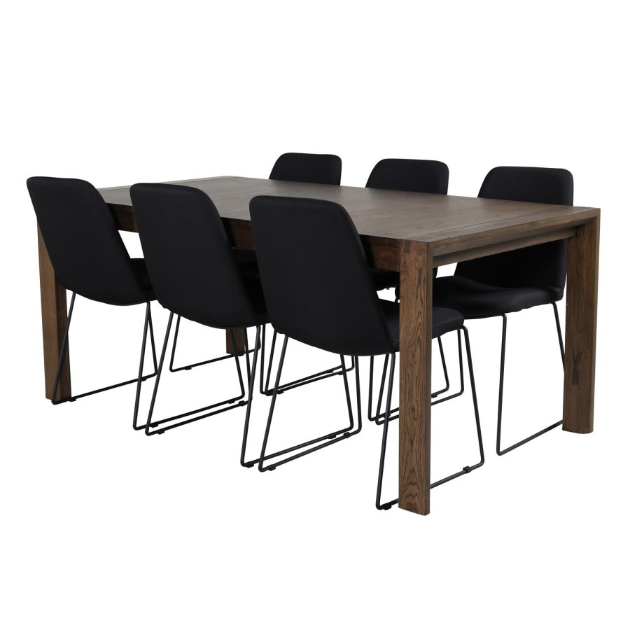 VENTURE DESIGN Slider spisebordsett, m. 6 stoler - rkt eikefiner/eik og sort stoff/svart metall