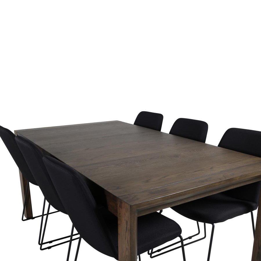VENTURE DESIGN Slider spisebordsett, m. 6 stoler - rkt eikefiner/eik og sort stoff/svart metall