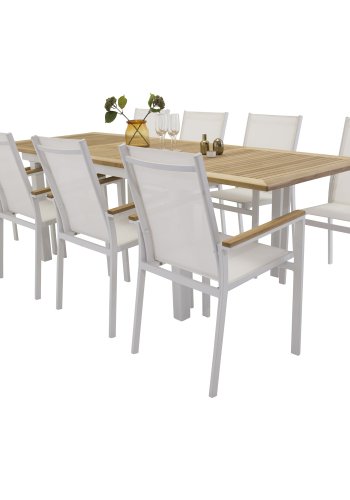 VENTURE DESIGN havest m. Panama bord m. udtrk og 8 Texas stole m. armln - teak/hvid textilene/alu