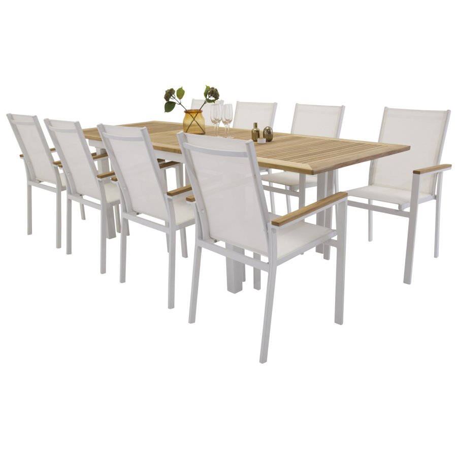 VENTURE DESIGN havest m. Panama bord m. udtrk og 8 Texas stole m. armln - teak/hvid textilene/alu
