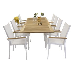 VENTURE DESIGN havest m. Panama bord m. udtrk og 8 Texas stole m. armln - teak/hvid textilene/alu
