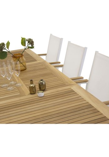 VENTURE DESIGN havest m. Panama bord m. udtrk og 8 Texas stole m. armln - teak/hvid textilene/alu