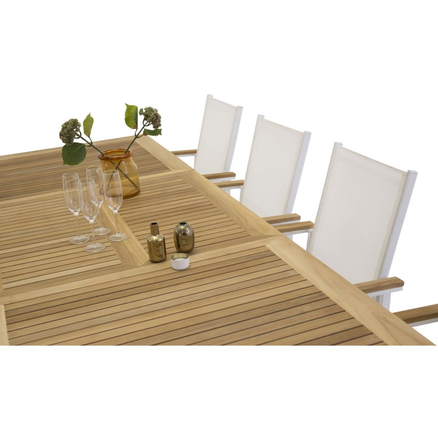 VENTURE DESIGN havest m. Panama bord m. udtrk og 8 Texas stole m. armln - teak/hvid textilene/alu