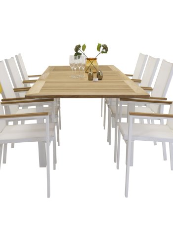 VENTURE DESIGN havest m. Panama bord m. udtrk og 8 Texas stole m. armln - teak/hvid textilene/alu