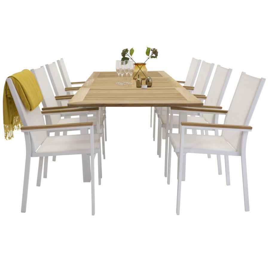 VENTURE DESIGN havest m. Panama bord m. udtrk og 8 Texas stole m. armln - teak/hvid textilene/alu
