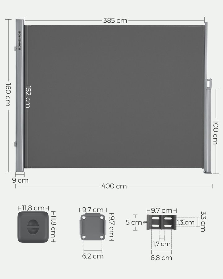 SONGMICS GSA164G01 sidemarkise/solsejl, sidegardin - r�ggr� polyester og aluminium (160x400)