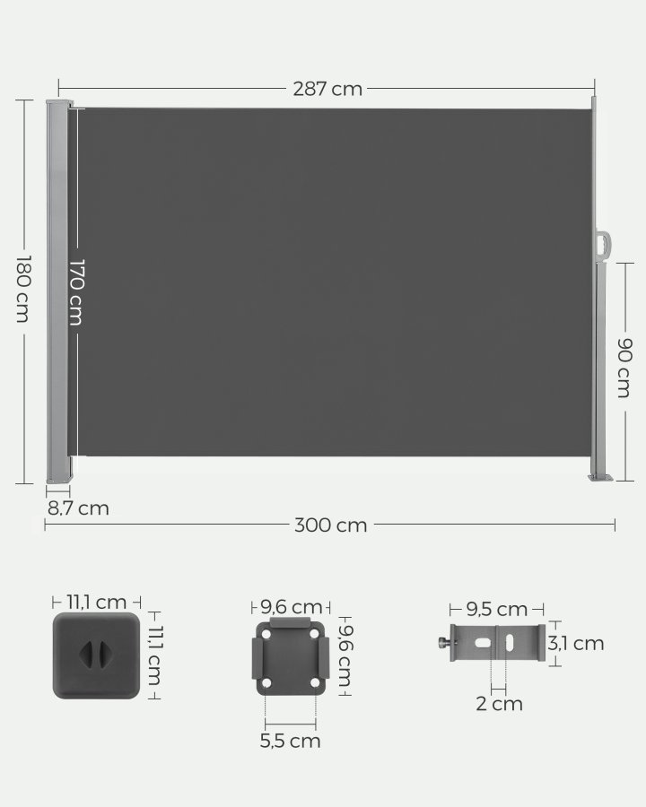 SONGMICS GSA180TG sidemarkise/solsejl, sidegardin - r�ggr� polyester og st�l (180x300)