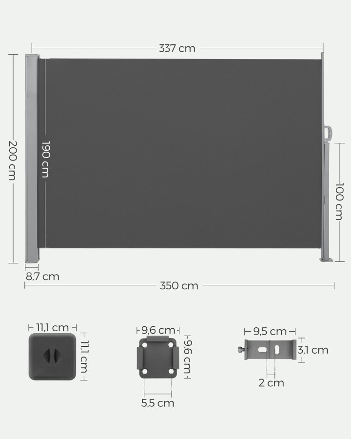 SONGMICS GSA205G02 sidemarkise/solsejl, sidegardin - r�ggr� polyester og st�l (200x350)