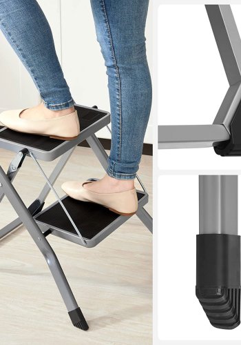 SONGMICS GSL002GY01 stige, m. 2 trin, gummif�dder, foldbar - trin med skridsikkert sort gummi og gr� st�l