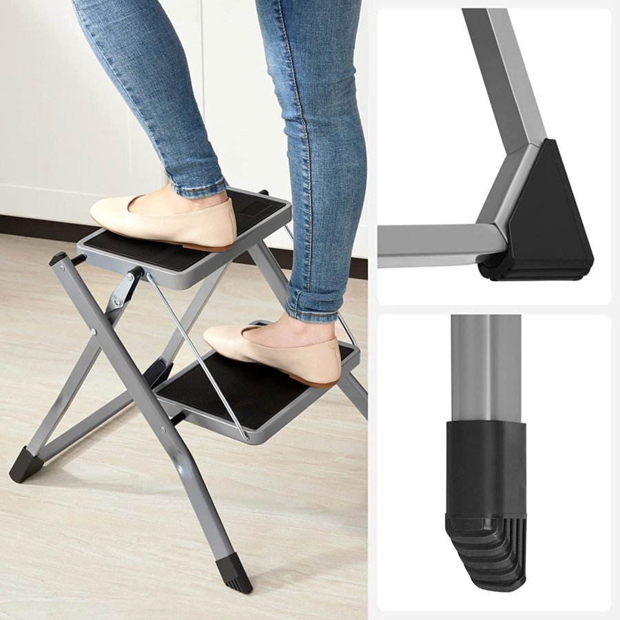 SONGMICS GSL002GY01 stige, m. 2 trin, gummif�dder, foldbar - trin med skridsikkert sort gummi og gr� st�l