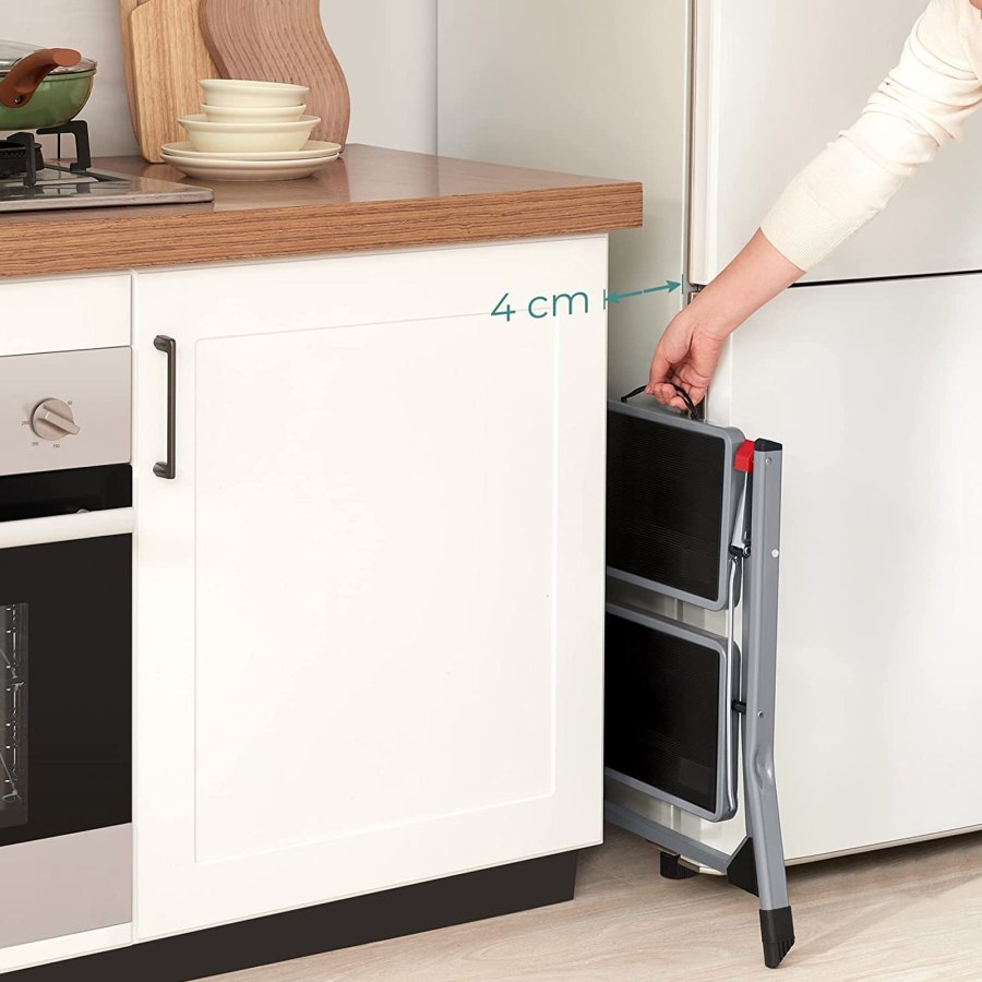 SONGMICS GSL002GY01 stige, m. 2 trin, gummif�dder, foldbar - trin med skridsikkert sort gummi og gr� st�l