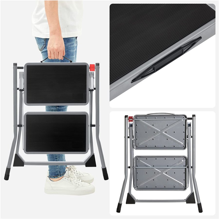 SONGMICS GSL002GY01 stige, m. 2 trin, gummif�dder, foldbar - trin med skridsikkert sort gummi og gr� st�l
