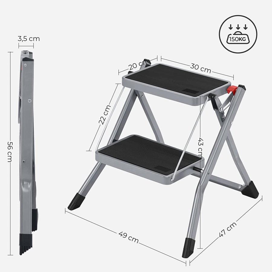 SONGMICS GSL002GY01 stige, m. 2 trin, gummif�dder, foldbar - trin med skridsikkert sort gummi og gr� st�l