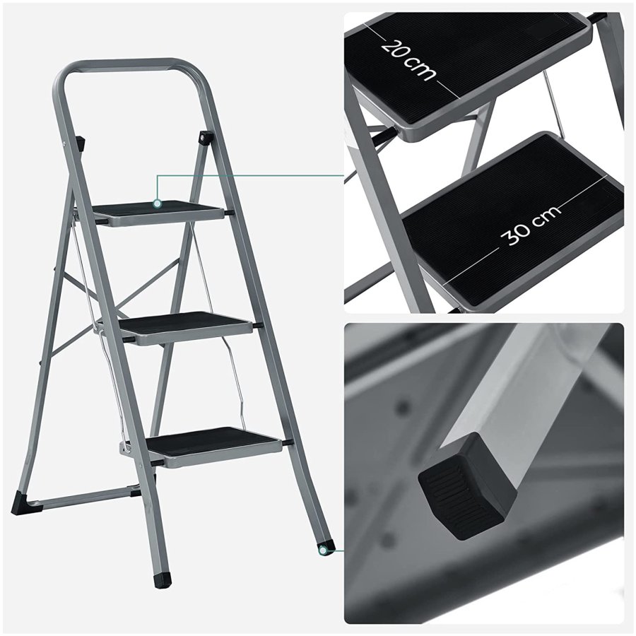 SONGMICS GSL003GY01 stige, m. 3 trin, gummif�dder, foldbar - trin med skridsikkert sort gummi og gr� st�l
