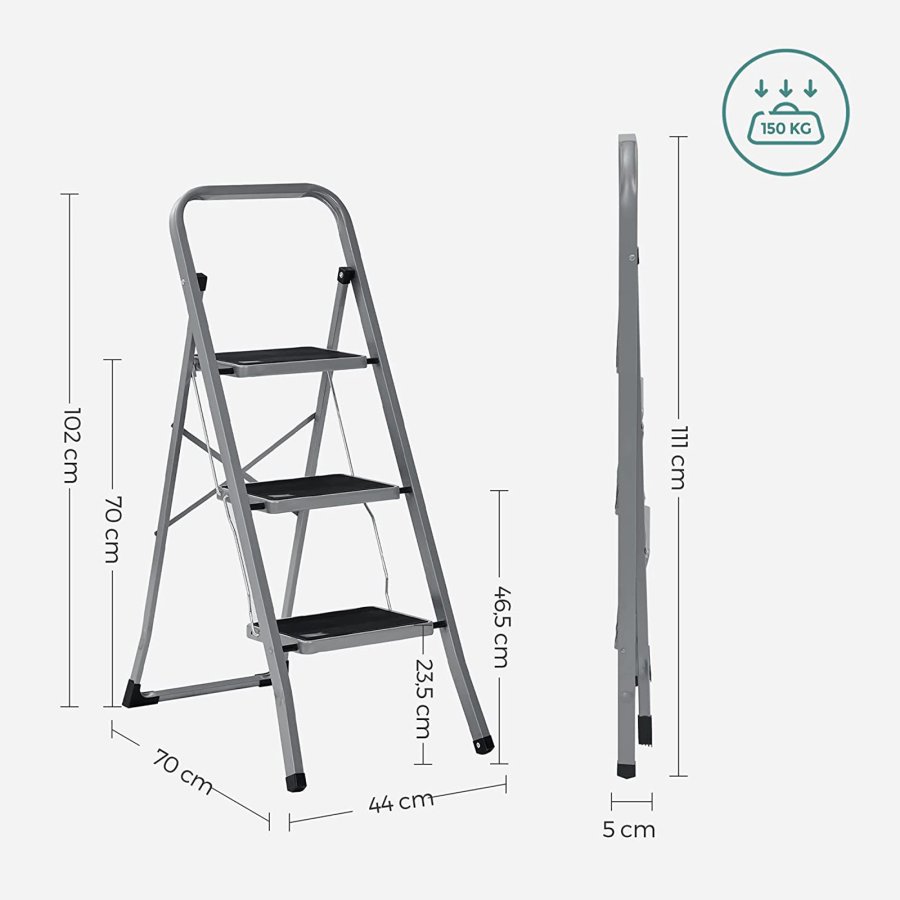 SONGMICS GSL003GY01 stige, m. 3 trin, gummif�dder, foldbar - trin med skridsikkert sort gummi og gr� st�l