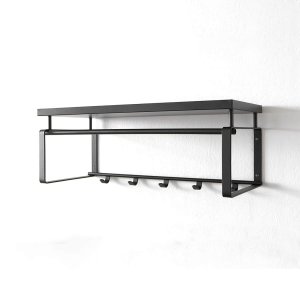 SPINDER DESIGN rektangulr Rex hattehylde, m. 5 knager og bjlestang - sort melamin og stl