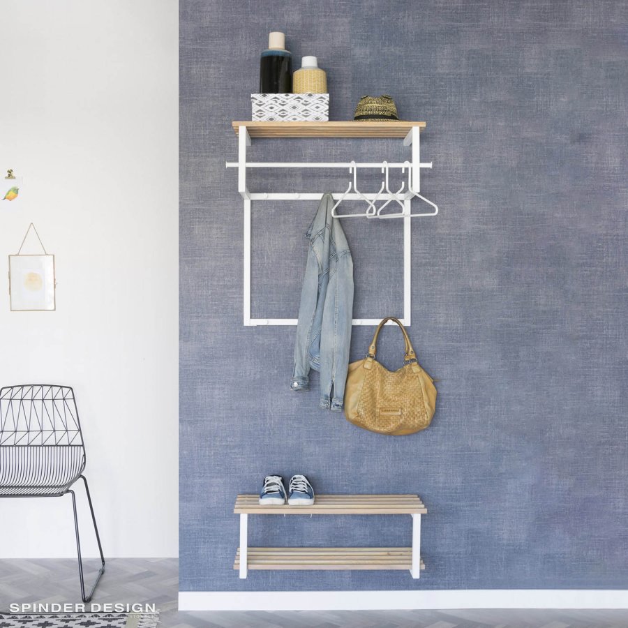 SPINDER DESIGN Rizzoli entropstilling, m. 10 knager, bjlestang og trhylde - hvidt stl og tr