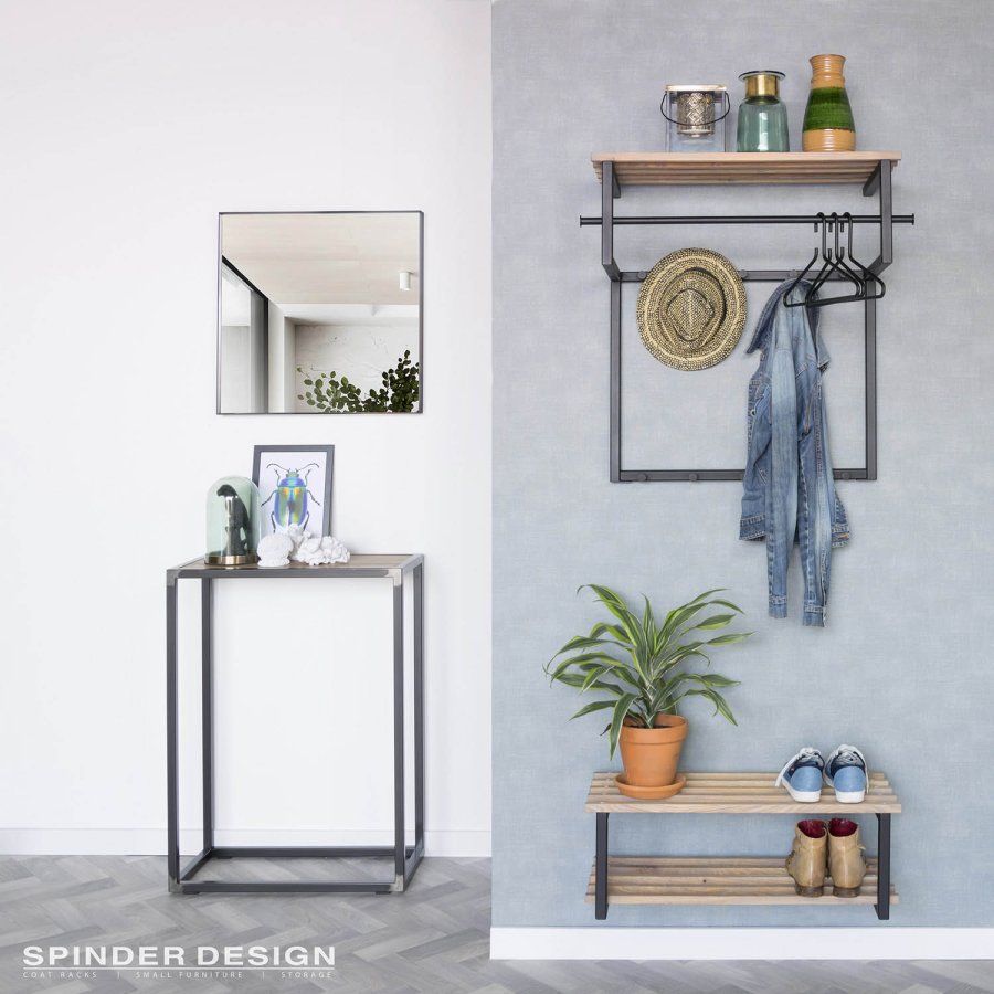 SPINDER DESIGN Rizzoli entropstilling, m. 10 knager, bjlestang og trhylde - sort stl og tr