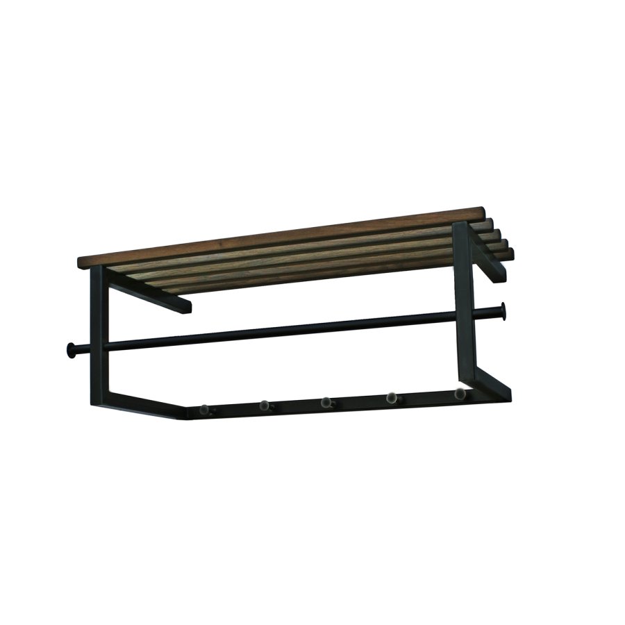SPINDER DESIGN rektangulr Marco hattehylde, m. 5 knager og bjlestang - massivt egetr og sort stl