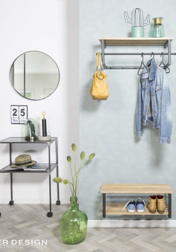 SPINDER DESIGN rektangulr Marco hattehylde, m. 5 knager og bjlestang - massivt egetr og sort stl