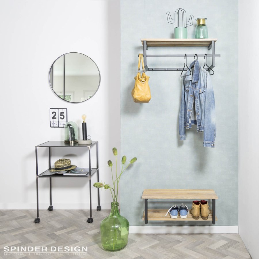 SPINDER DESIGN rektangulr Marco hattehylde, m. 5 knager og bjlestang - massivt egetr og sort stl