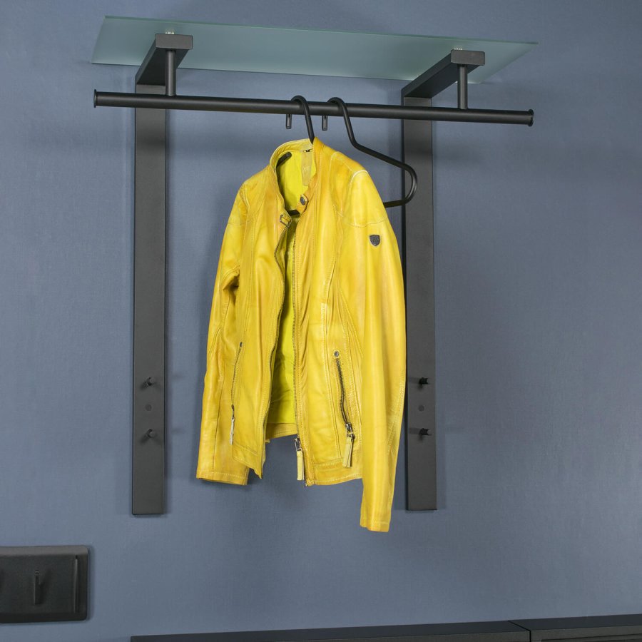 SPINDER DESIGN rektangulr nederlandsk klesstativ, m. 1 hylle - glass og sort stl