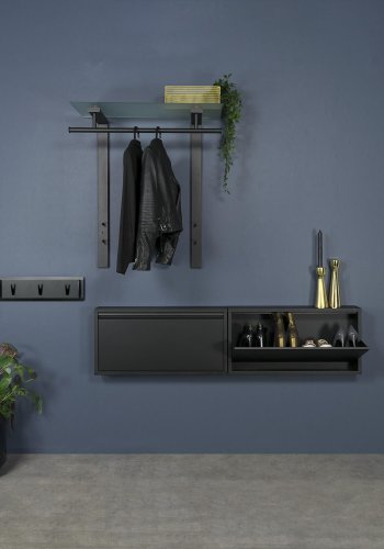 SPINDER DESIGN rektangulr nederlandsk klesstativ, m. 1 hylle - glass og sort stl