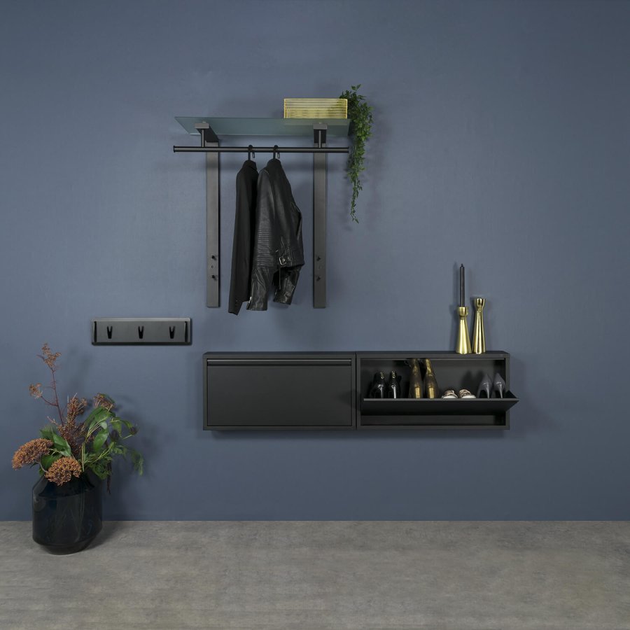 SPINDER DESIGN rektangulr nederlandsk klesstativ, m. 1 hylle - glass og sort stl