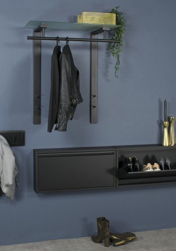 SPINDER DESIGN rektangulr nederlandsk klesstativ, m. 1 hylle - glass og sort stl