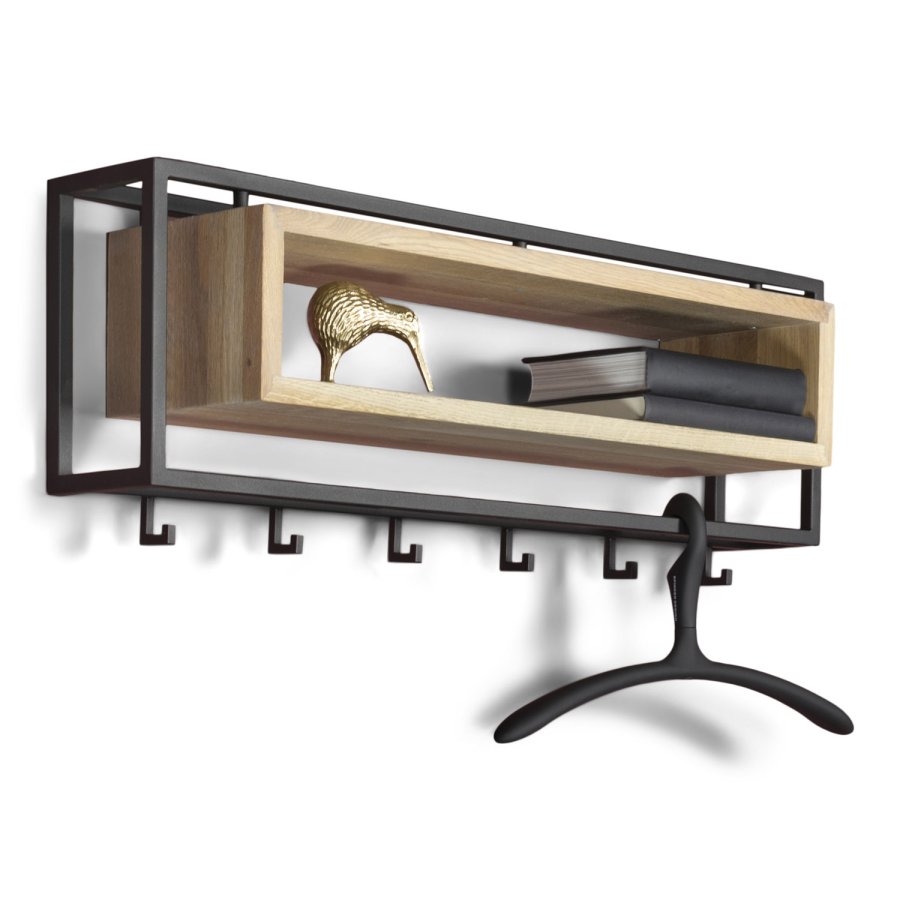 SPINDER DESIGN School knagerkke, m. 6 knager og trhylde - egetr og sort stl (78x29,5)