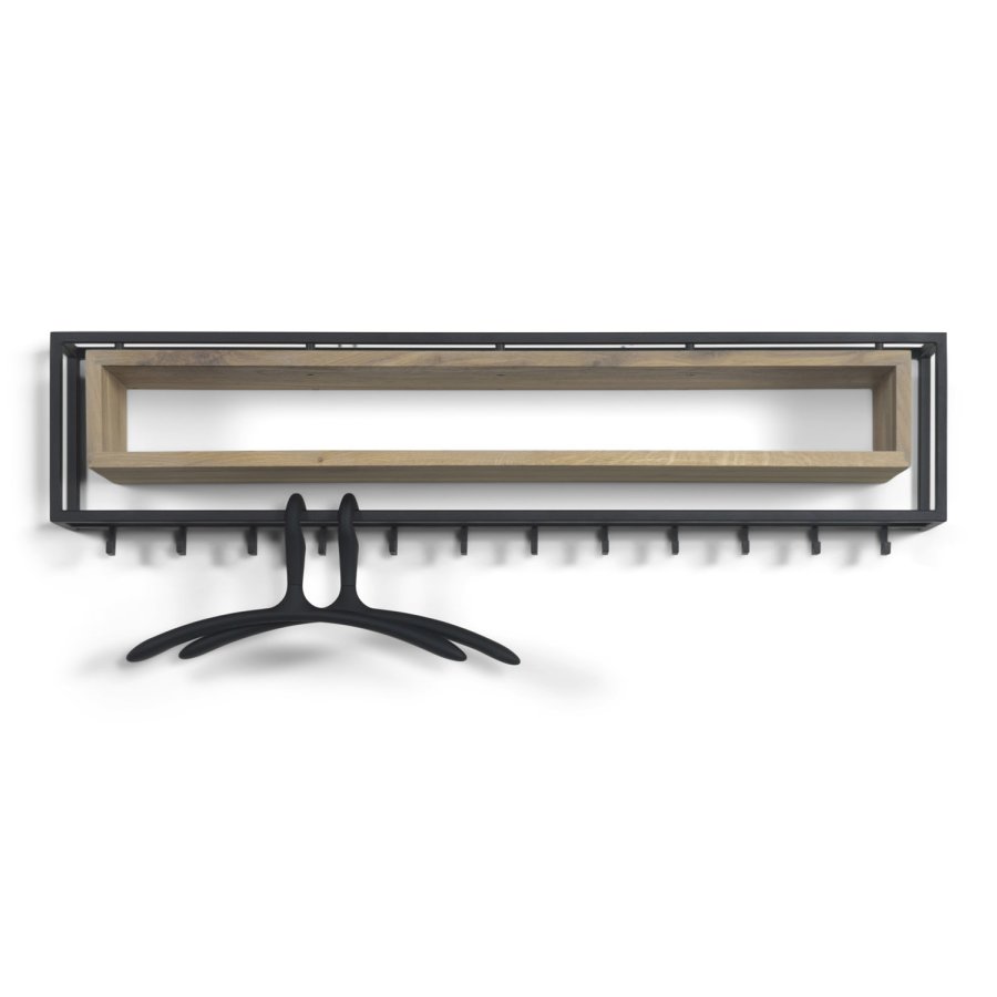 SPINDER DESIGN School knagerkke, m. 12 knager og trhylde - egetr og sort stl (118x29,5)