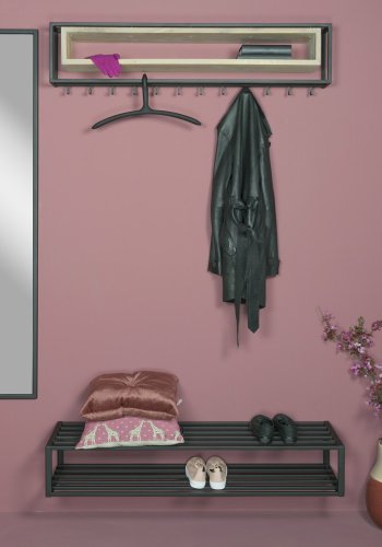 SPINDER DESIGN School knagerkke, m. 12 knager og trhylde - egetr og sort stl (118x29,5)