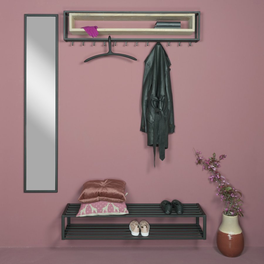 SPINDER DESIGN School knagerkke, m. 12 knager og trhylde - egetr og sort stl (118x29,5)