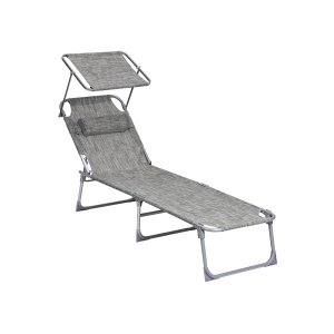 SONGMICS liggestol, solseng, hvilestol, med nakkest�tte, justerbar rygl�n, solsk�rm, let, foldbar, 53 x 193 x 29,5 cm, lasteevne 150 kg, til haven, gr� GCB19T