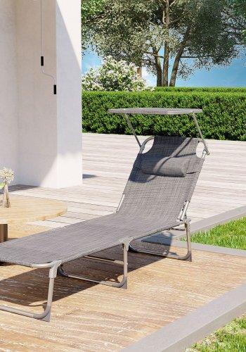 SONGMICS GCB19T solseng, med nakkest�tte, justerbar ryggst�tte, solskjerm, sammenleggbar - gr�tt stoff og st�l (53x193)