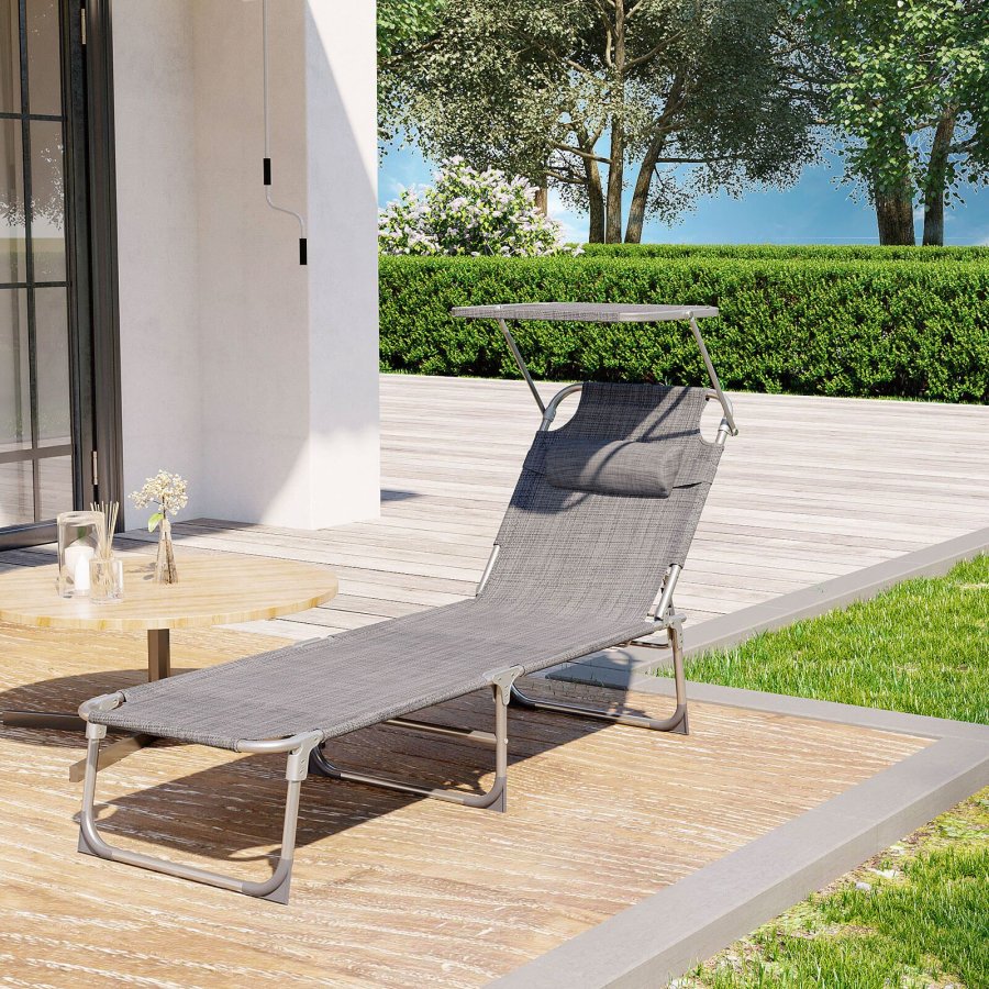 SONGMICS liggestol, solseng, hvilestol, med nakkest�tte, justerbar rygl�n, solsk�rm, let, foldbar, 53 x 193 x 29,5 cm, lasteevne 150 kg, til haven, gr� GCB19T