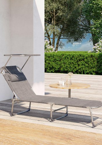SONGMICS liggestol, solseng, hvilestol, med nakkest�tte, justerbar rygl�n, solsk�rm, let, foldbar, 53 x 193 x 29,5 cm, lasteevne 150 kg, til haven, gr� GCB19T