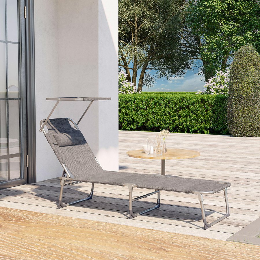 SONGMICS liggestol, solseng, hvilestol, med nakkest�tte, justerbar rygl�n, solsk�rm, let, foldbar, 53 x 193 x 29,5 cm, lasteevne 150 kg, til haven, gr� GCB19T