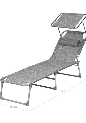 SONGMICS liggestol, solseng, hvilestol, med nakkest�tte, justerbar rygl�n, solsk�rm, let, foldbar, 53 x 193 x 29,5 cm, lasteevne 150 kg, til haven, gr� GCB19T