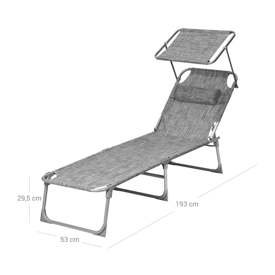SONGMICS liggestol, solseng, hvilestol, med nakkest�tte, justerbar rygl�n, solsk�rm, let, foldbar, 53 x 193 x 29,5 cm, lasteevne 150 kg, til haven, gr� GCB19T
