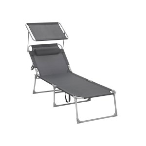 SONGMICS Liggestol, Solseng, Stor Hvilestol, 71 x 200 x 38 cm, Belastningskapacitet 150 kg, Med Nakkest�tte, Hvilel�n, Solsk�rm, Sammenklappelig, Til Have, R�get Gr� GCB22GYV2