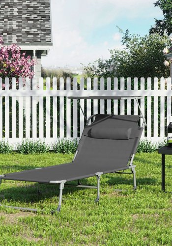 SONGMICS GCB22GYV2 solseng, Stor, m. nakkest�tte, justerbar rygl�n, solsk�rm, foldbar - r�ggr� stof og st�l (71x200)
