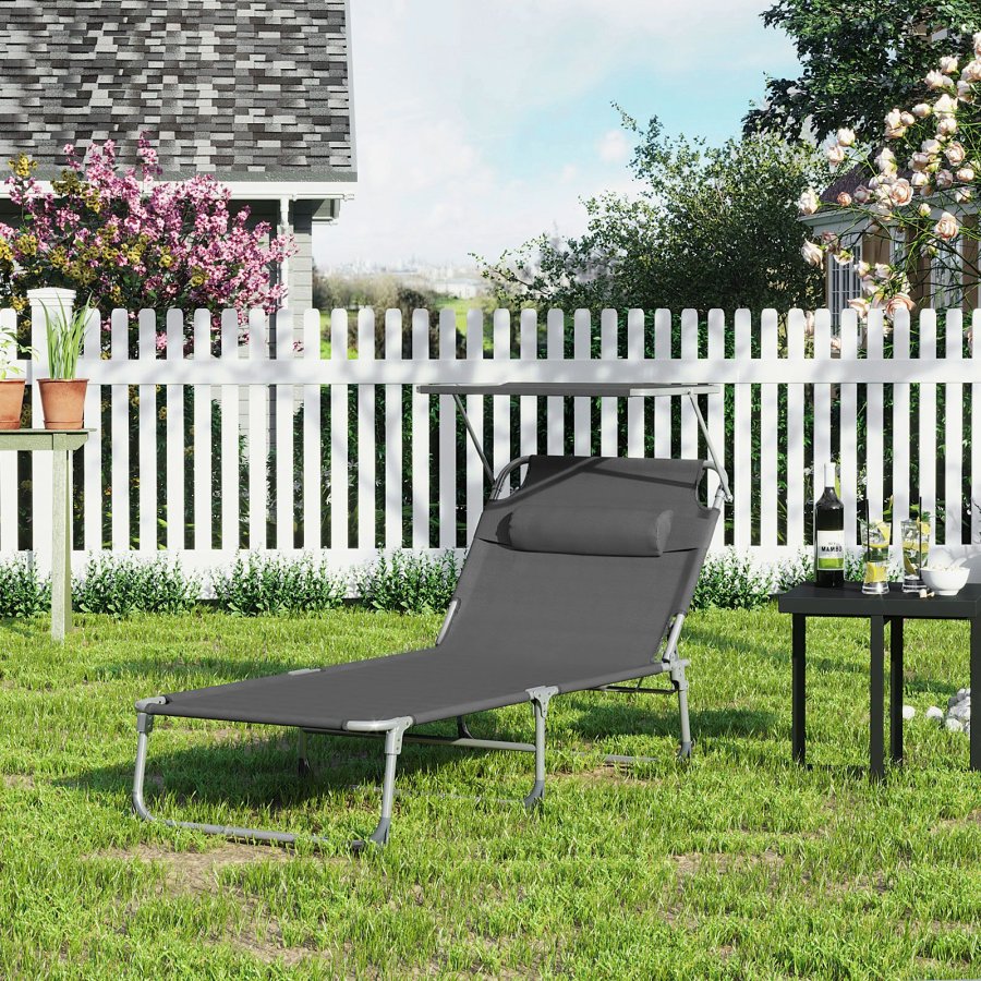SONGMICS GCB22GYV2 solseng, Stor, m. nakkest�tte, justerbar rygl�n, solsk�rm, foldbar - r�ggr� stof og st�l (71x200)