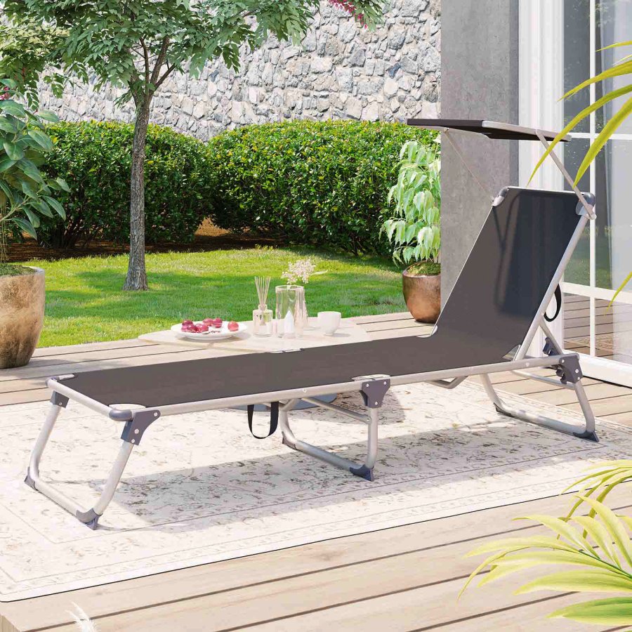 SONGMICS liggestol, solseng, hvilestol med solsk�rm, justerbar rygl�n, foldbar, let, 55 x 193 x 31 cm, lasteevne 150 kg, til have, terrasse, r�get gr� GCB19GYV1