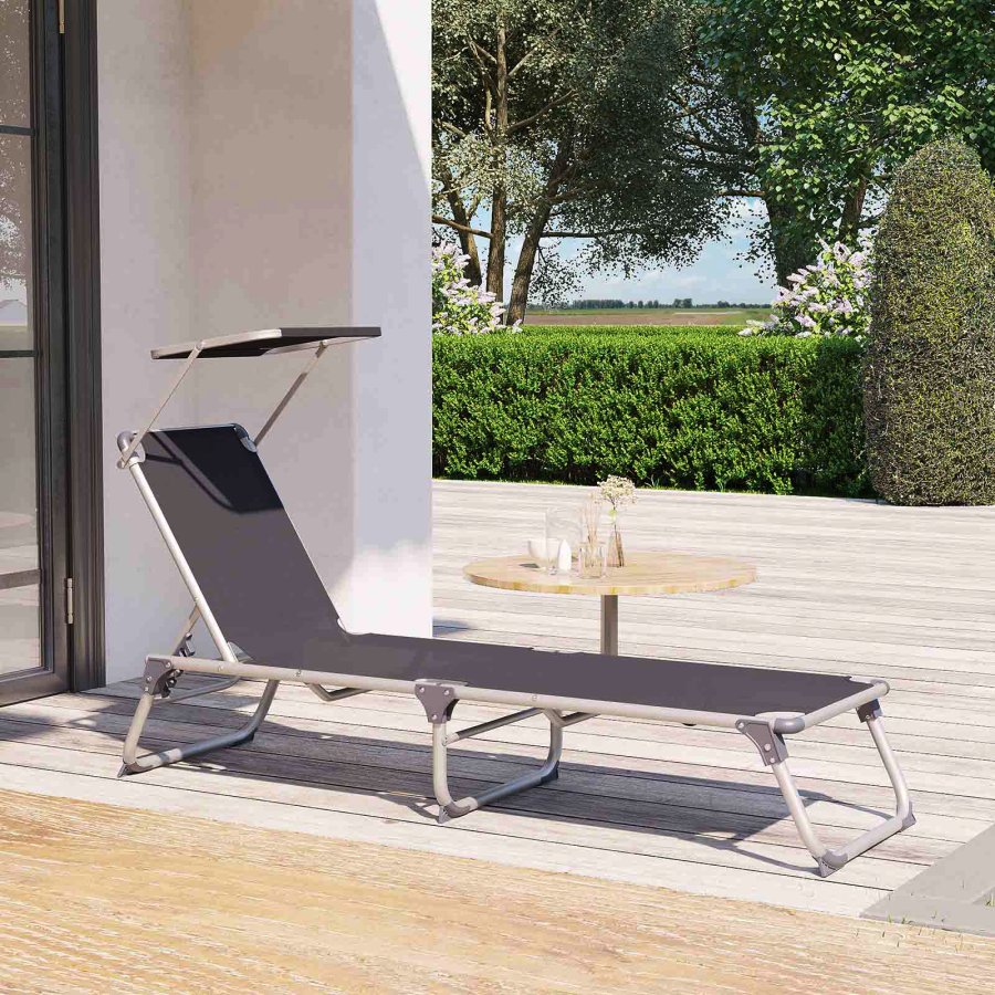 SONGMICS liggestol, solseng, hvilestol med solsk�rm, justerbar rygl�n, foldbar, let, 55 x 193 x 31 cm, lasteevne 150 kg, til have, terrasse, r�get gr� GCB19GYV1