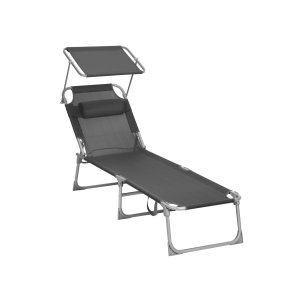 SONGMICS liggestol, solseng, hvilestol, med nakkest�tte, justerbar rygl�n, solsk�rm, let, foldbar, 53 x 193 x 29,5 cm, lasteevne 150 kg, til haven, m�rkegr� GCB19UV1