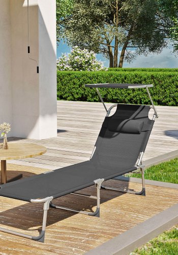 SONGMICS GCB19UV1 solseng, med nakkest�tte, justerbar ryggst�tte, solskjerm, sammenleggbar - m�rkegr�tt stoff og st�l (53x193)