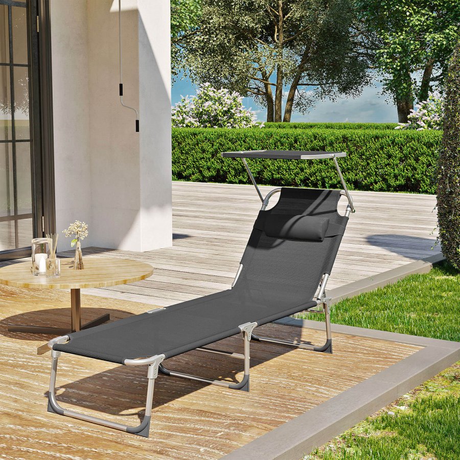 SONGMICS liggestol, solseng, hvilestol, med nakkest�tte, justerbar rygl�n, solsk�rm, let, foldbar, 53 x 193 x 29,5 cm, lasteevne 150 kg, til haven, m�rkegr� GCB19UV1