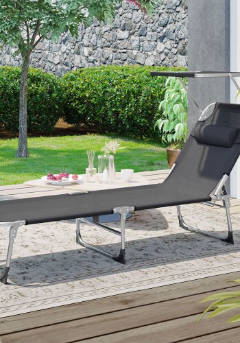 SONGMICS liggestol, solseng, hvilestol, med nakkest�tte, justerbar rygl�n, solsk�rm, let, foldbar, 53 x 193 x 29,5 cm, lasteevne 150 kg, til haven, m�rkegr� GCB19UV1