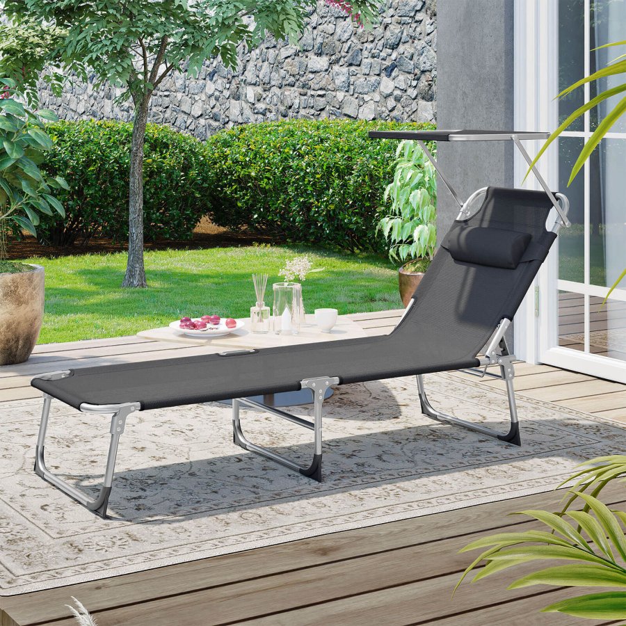 SONGMICS liggestol, solseng, hvilestol, med nakkest�tte, justerbar rygl�n, solsk�rm, let, foldbar, 53 x 193 x 29,5 cm, lasteevne 150 kg, til haven, m�rkegr� GCB19UV1